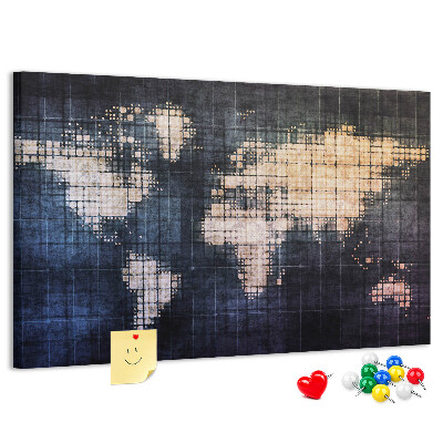Bacheca in sughero con mappa del mondo stilizzata in pixel