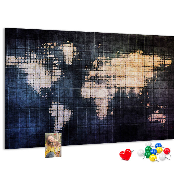 Bacheca in sughero con mappa del mondo stilizzata in pixel