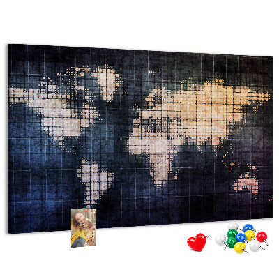 Bacheca in sughero con mappa del mondo stilizzata in pixel