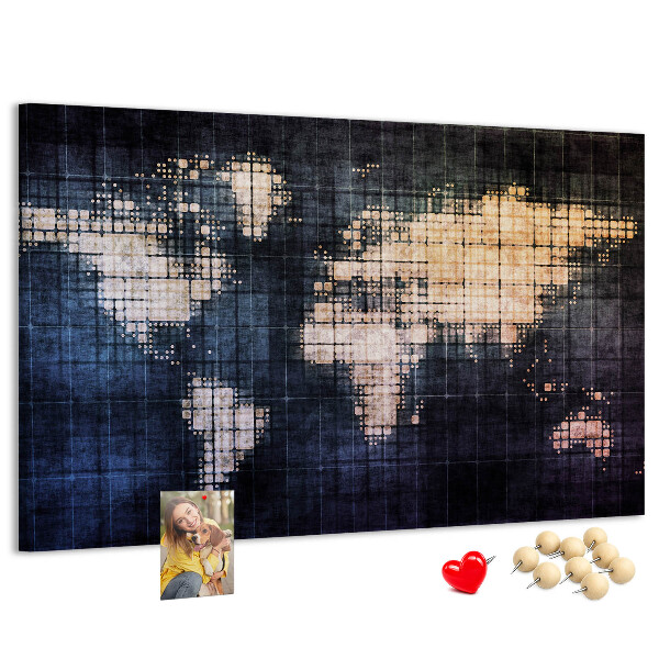 Bacheca in sughero con mappa del mondo stilizzata in pixel