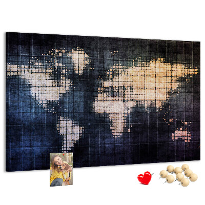Bacheca in sughero con mappa del mondo stilizzata in pixel
