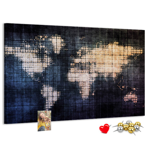 Bacheca in sughero con mappa del mondo stilizzata in pixel