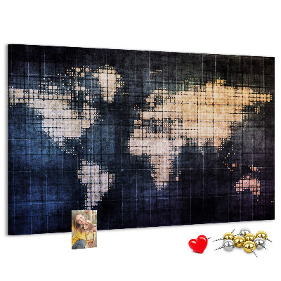 Bacheca in sughero con mappa del mondo stilizzata in pixel