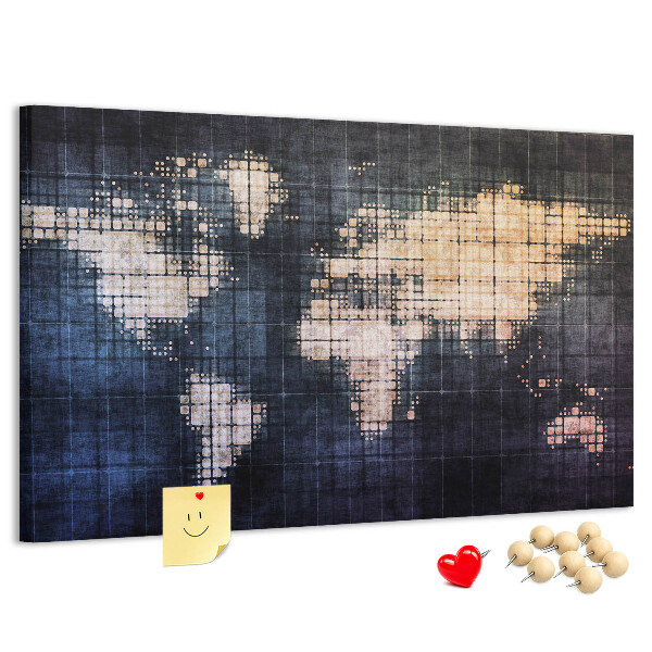 Bacheca in sughero con mappa del mondo stilizzata in pixel