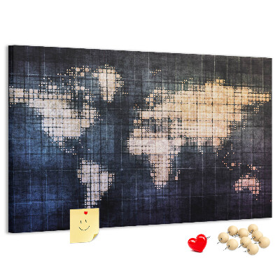 Bacheca in sughero con mappa del mondo stilizzata in pixel