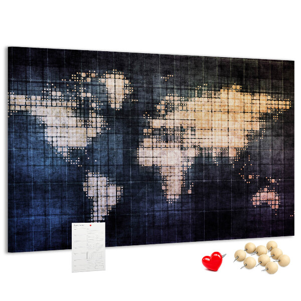 Bacheca in sughero con mappa del mondo stilizzata in pixel