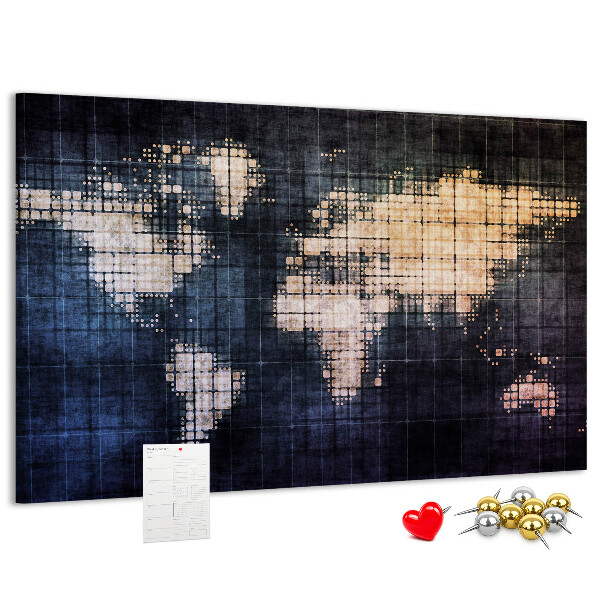 Bacheca in sughero con mappa del mondo stilizzata in pixel