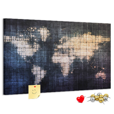Bacheca in sughero con mappa del mondo stilizzata in pixel