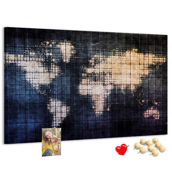 Bacheca in sughero con mappa del mondo stilizzata in pixel