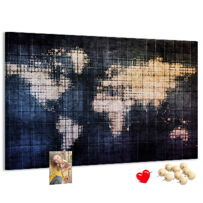 Bacheca in sughero con mappa del mondo stilizzata in pixel