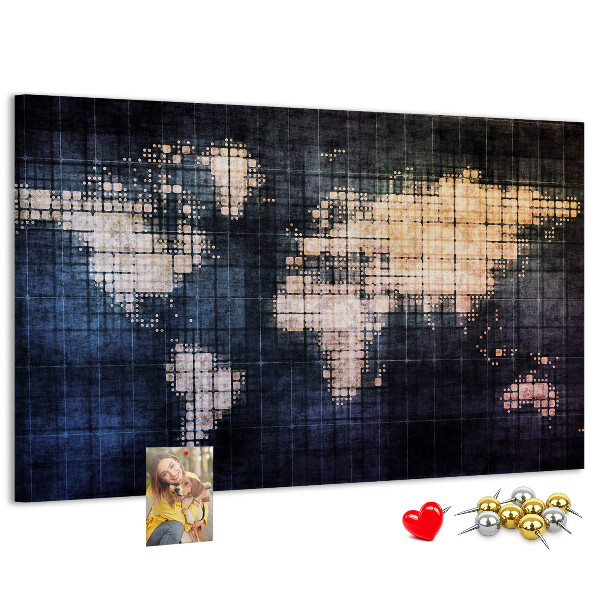 Bacheca in sughero con mappa del mondo stilizzata in pixel