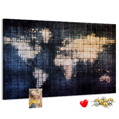 Bacheca in sughero con mappa del mondo stilizzata in pixel
