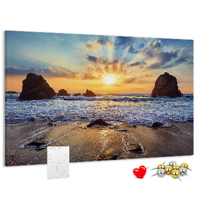 Lavagna di sughero con stampa tramonto sul mare calmo
