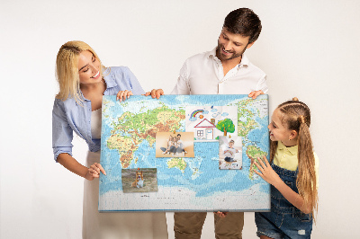 Lavagna di sughero mappa del mondo con continenti colorati