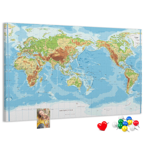 Lavagna di sughero mappa del mondo con continenti colorati
