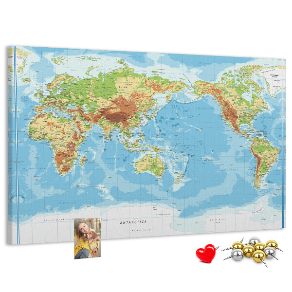 Lavagna di sughero mappa del mondo con continenti colorati