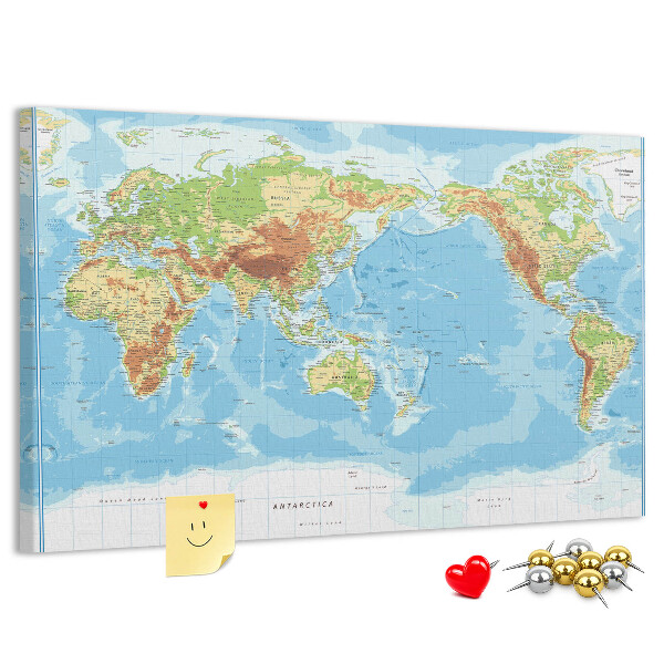 Lavagna di sughero mappa del mondo con continenti colorati