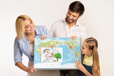 Lavagna di sughero mappa del mondo con continenti colorati