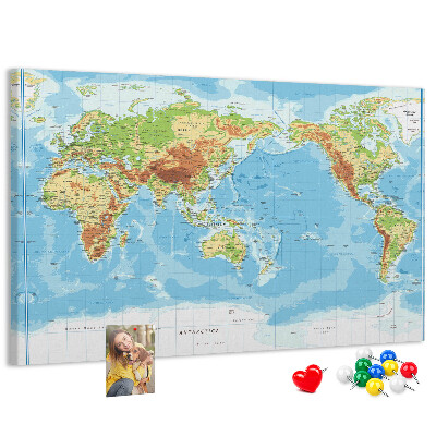 Lavagna di sughero mappa del mondo con continenti colorati