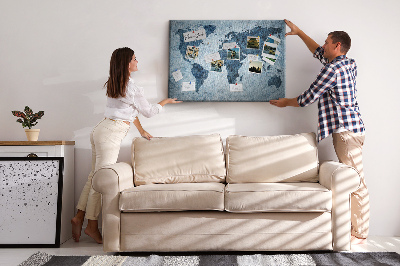 Bacheca in sughero mappa del mondo antico nei toni del blu