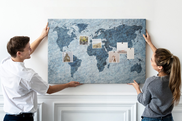 Bacheca in sughero mappa del mondo antico nei toni del blu