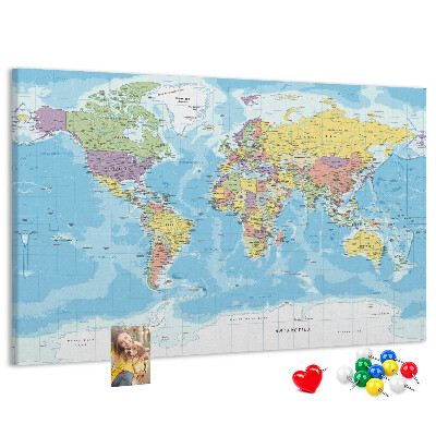 Lavagna di sughero mappa del mondo con continenti colorati