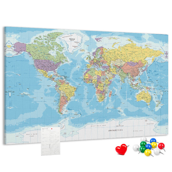 Lavagna di sughero mappa del mondo con continenti colorati