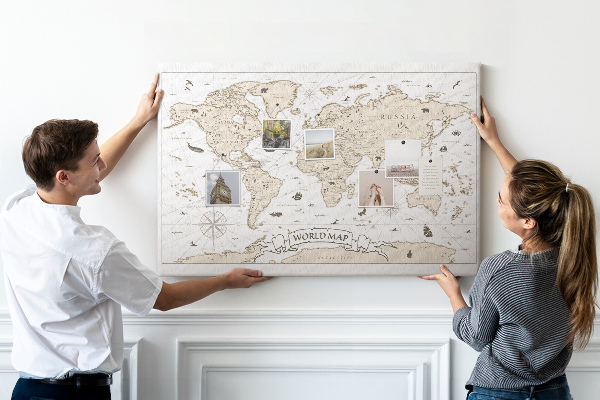 Bacheca in sughero mappa del mondo antico con dettagli geografici