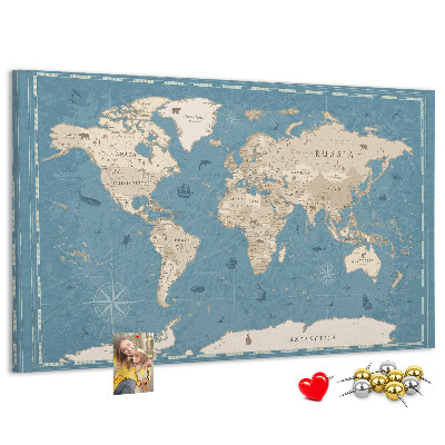 Bacheca in sughero con mappa del mondo antica su sfondo delicato