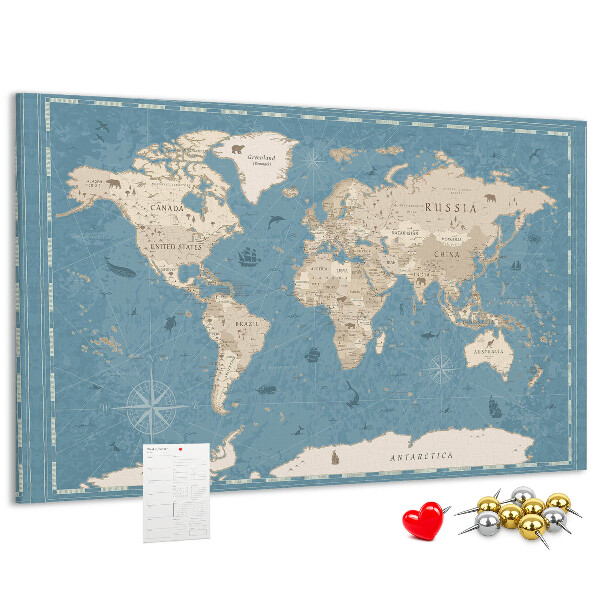 Bacheca in sughero con mappa del mondo antica su sfondo delicato