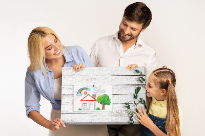 Bacheca in sughero con cornice in legno rustico e rami verdi