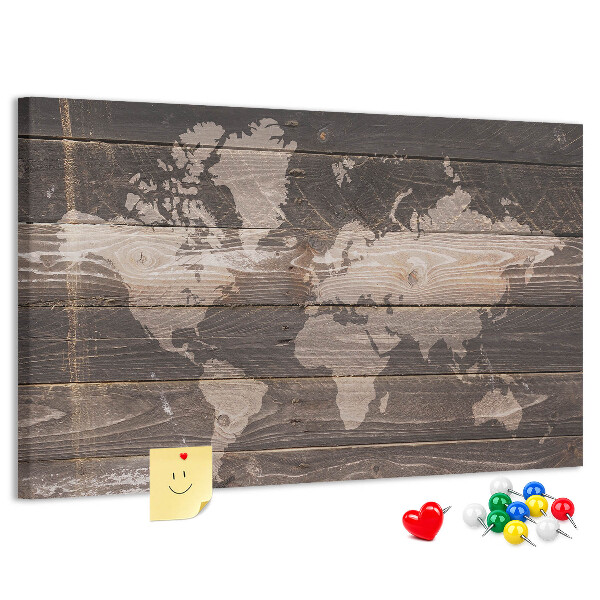 Lavagna di sughero mappa del mondo su sfondo di legno