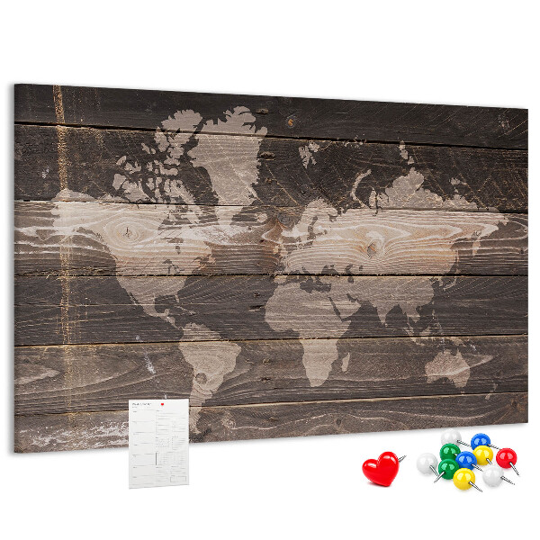 Lavagna di sughero mappa del mondo su sfondo di legno