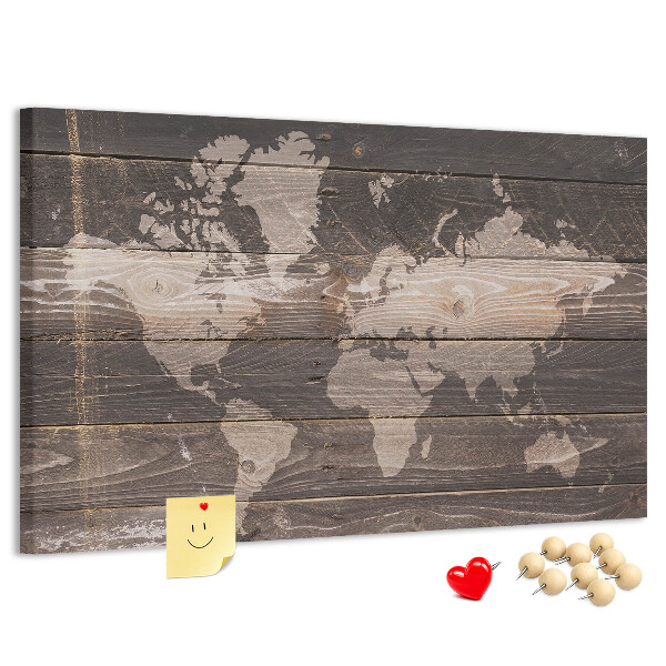 Lavagna di sughero mappa del mondo su sfondo di legno