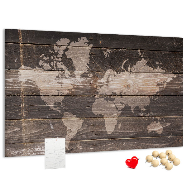 Lavagna di sughero mappa del mondo su sfondo di legno