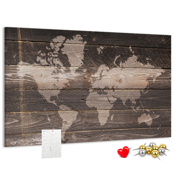 Lavagna di sughero mappa del mondo su sfondo di legno
