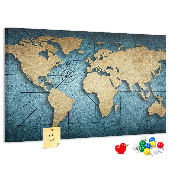 Bacheca in sughero mappa del mondo antico con bussola