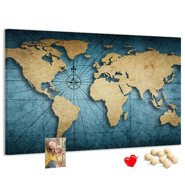 Bacheca in sughero mappa del mondo antico con bussola