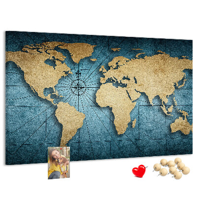 Bacheca in sughero mappa del mondo antico con bussola