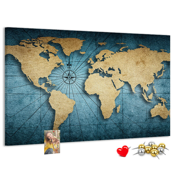 Bacheca in sughero mappa del mondo antico con bussola