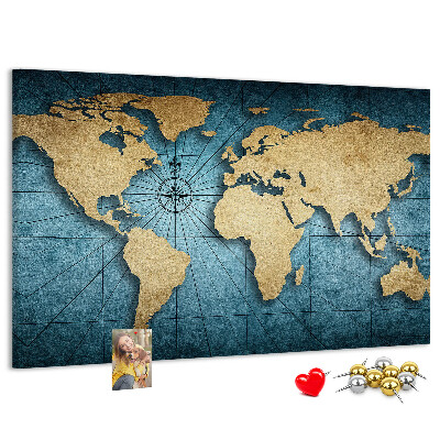 Bacheca in sughero mappa del mondo antico con bussola