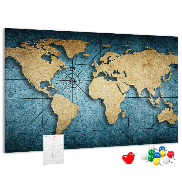 Bacheca in sughero mappa del mondo antico con bussola