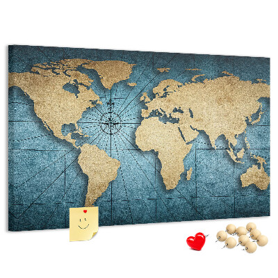 Bacheca in sughero mappa del mondo antico con bussola