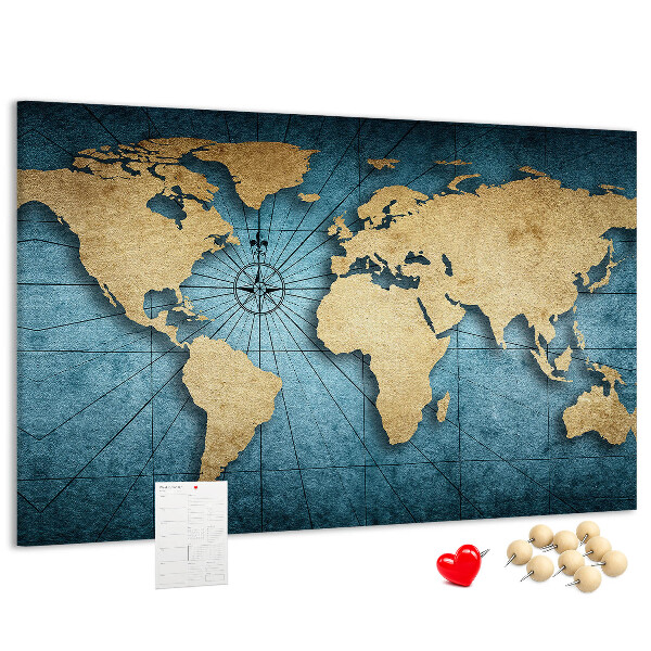 Bacheca in sughero mappa del mondo antico con bussola