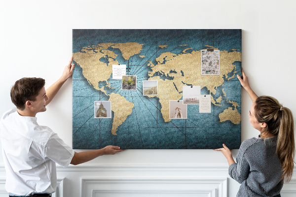 Bacheca in sughero mappa del mondo antico con bussola
