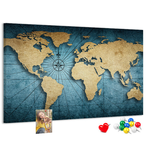 Bacheca in sughero mappa del mondo antico con bussola