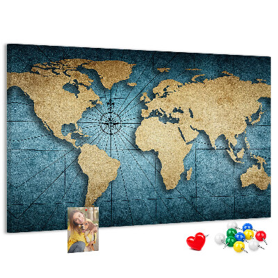 Bacheca in sughero mappa del mondo antico con bussola