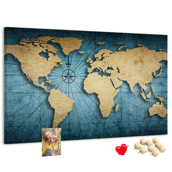 Bacheca in sughero mappa del mondo antico con bussola