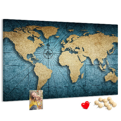Bacheca in sughero mappa del mondo antico con bussola