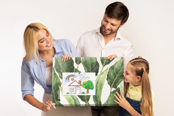 Bacheca in sughero con stampa di foglie tropicali in diverse tonalità di verde